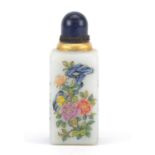 Chinese glass snuff bottle with lapis lazuli stopper, hand painted with butterflies amongst flowers,
