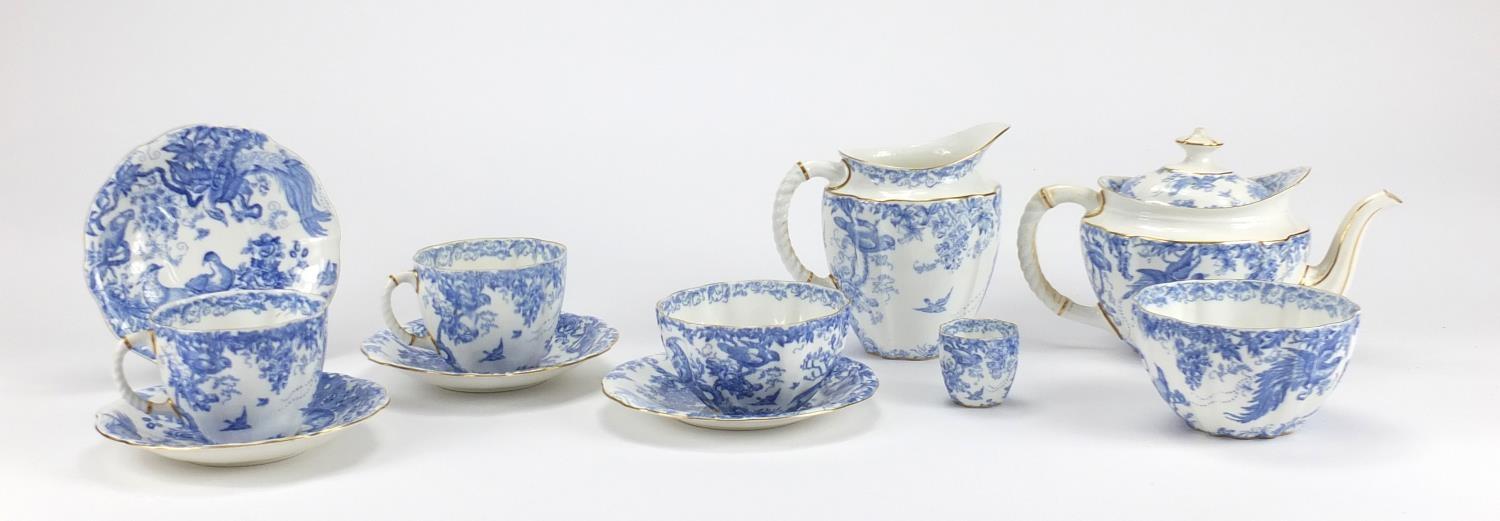 Royal Crown Derby blue and white porcelain tea service, decorated with birds of paradise, the teapot - Image 4 of 6