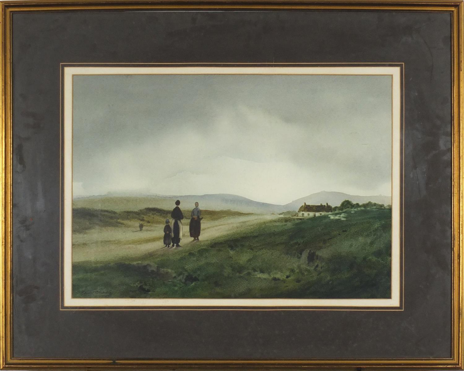 Edward Emerson - Figures and a dog before rolling hills, watercolour, mounted and framed, 51cm x - Image 2 of 4