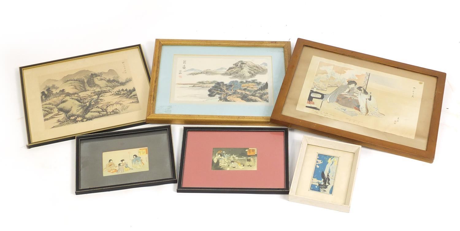 Six Japanese pictures and prints including landscapes, figures at a table and children playing, each