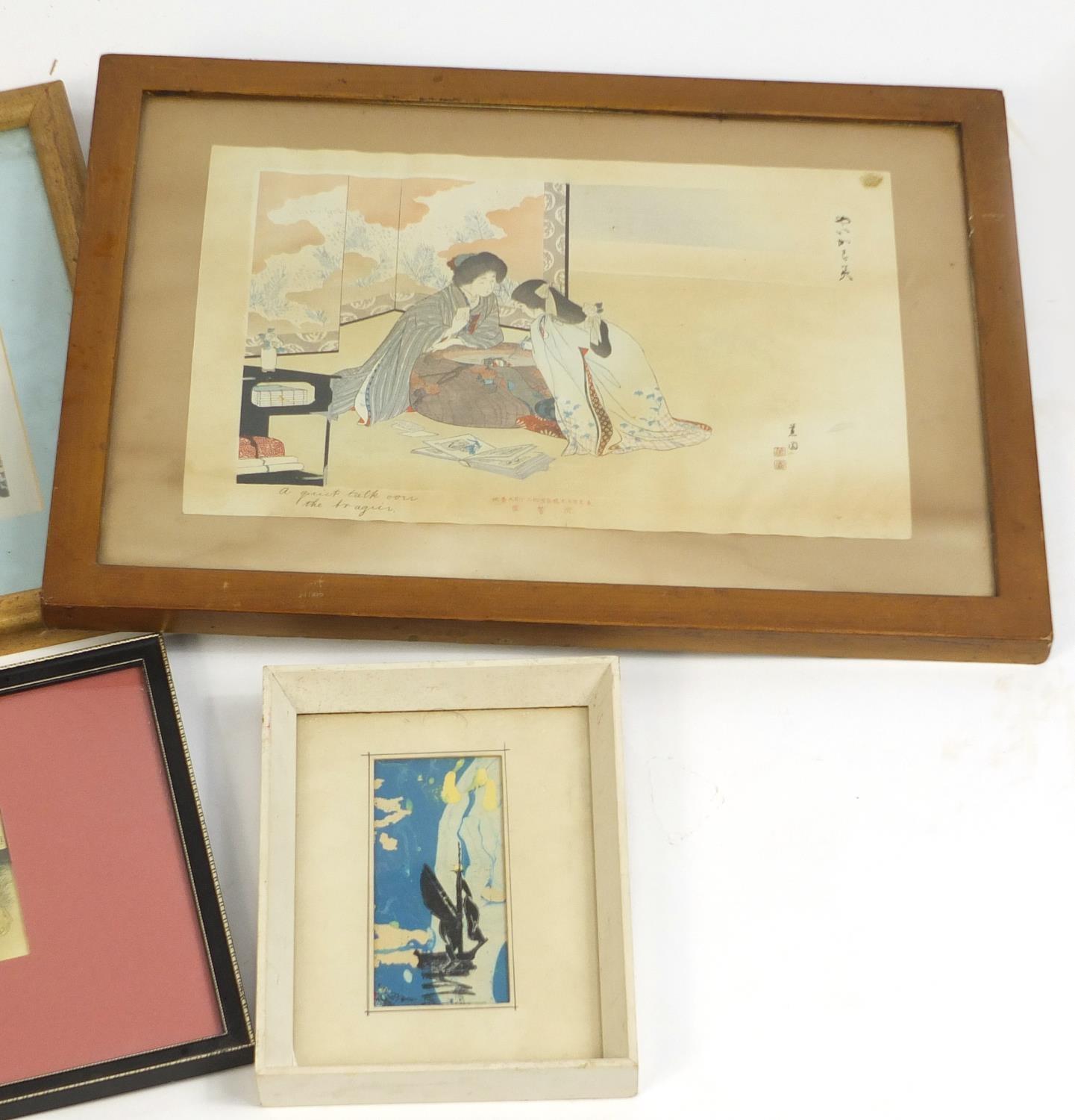 Six Japanese pictures and prints including landscapes, figures at a table and children playing, each - Image 4 of 5