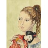 Manner of Leonard Tsuguharu Foujita - Young girl holding a doll, ink and watercolour, framed, 28cm x