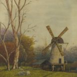 Figures before a windmill, English school oil on canvas, framed, 50cm x 50cm : For Further Condition