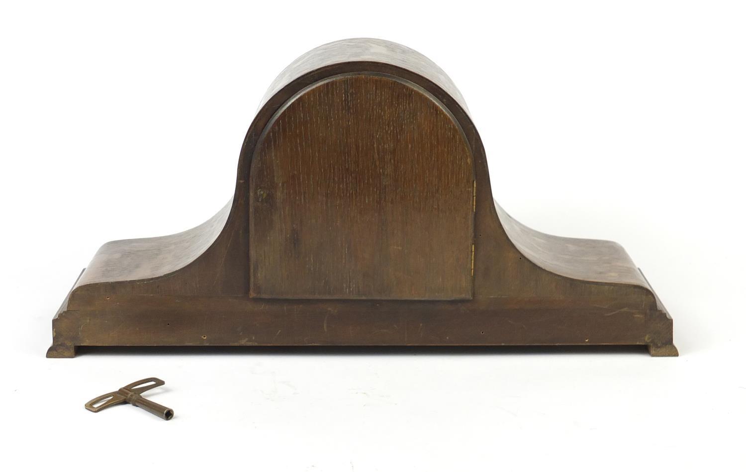 Oak cased Napoleon hat shaped mantel clock, with Westminster chime, 50cm wide : For Further - Image 6 of 6