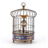 Brass and enamel clockwork automaton birdcage alarm clock, 22cm high : For Further Condition Reports