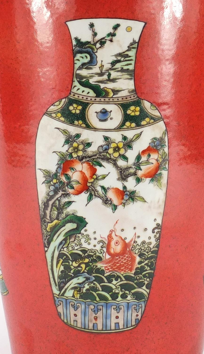 Chinese porcelain Rouleau vase, hand painted in the famille verte palette with vases, brush pot - Image 10 of 14