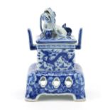 Japanese blue and white porcelain koro with cover and twin handles, hand painted with dragons