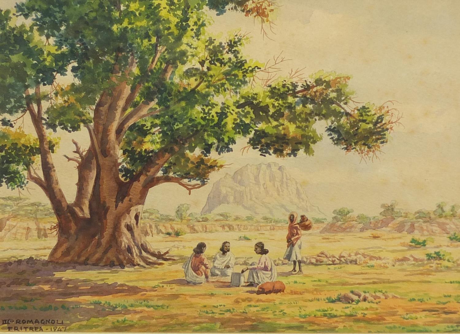 Giovanni Romagnoli 1947 - Eritrea, East Africa, four watercolours, mounted and framed, the largest - Image 2 of 17