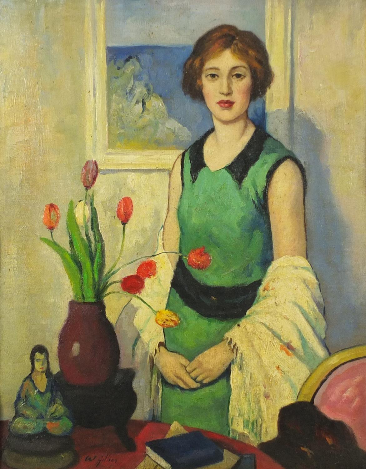 Manner of William George Gillies - Female in an interior with flowers in a vase, Scottish