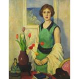 Manner of William George Gillies - Female in an interior with flowers in a vase, Scottish