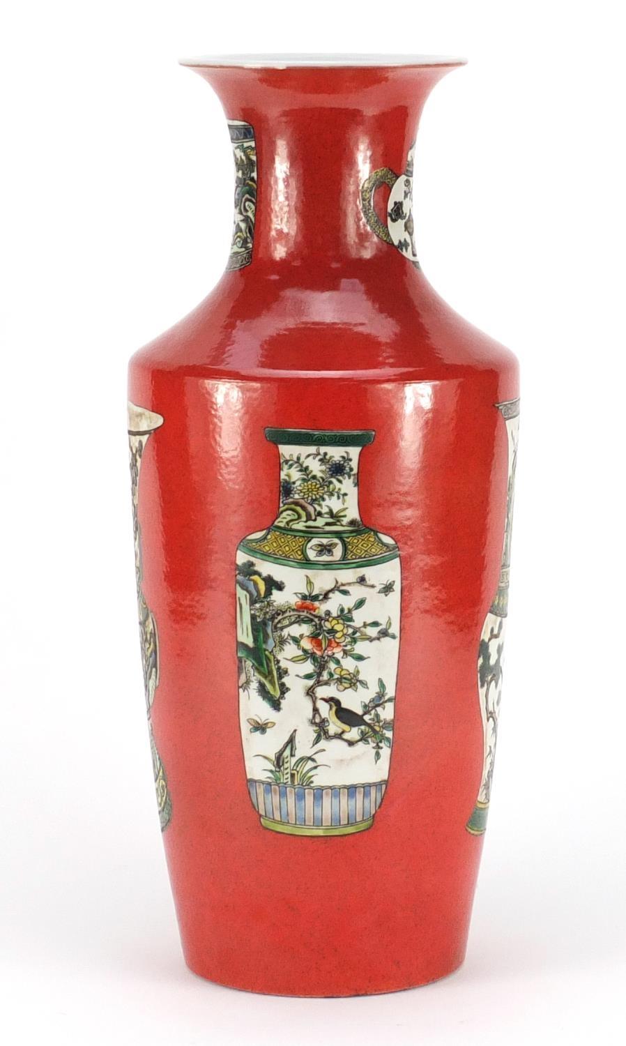 Chinese porcelain Rouleau vase, hand painted in the famille verte palette with vases, brush pot - Image 4 of 14