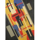 Abstract composition, geometric shapes, Russian school oil on board, bearing a Cyrillic signature,