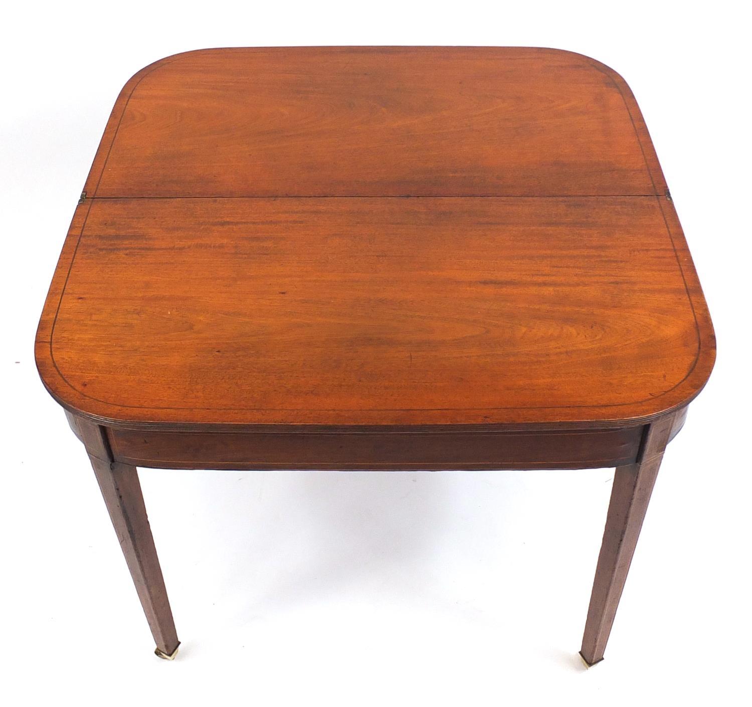 Edwardian inlaid mahogany fold over tea table, raised on tapering legs, 72cm H x 91cm W x 45cm D ( - Image 3 of 4