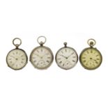 Four gentleman's silver open face pocket watches including Waltham, the largest 5cm in diameter :