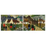 After Markey Robinson - Figures before buildings and water, pair of Irish school oil on boards,