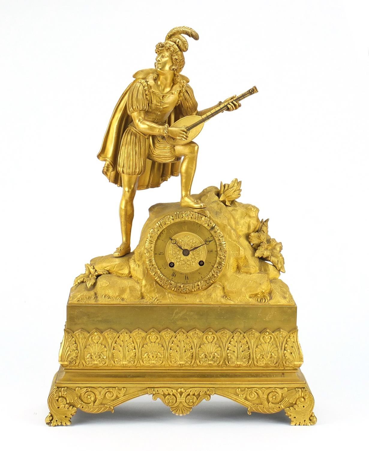 Good French Empire ormolu figural mantel clock striking on a bell by Alexandre Roussel, mounted with