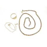 9ct gold jewellery comprising a three tone necklace, bracelet and signet ring, the necklace 40cm