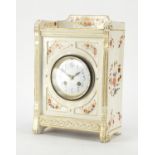 Continental porcelain clock case housing a Japy Freres movement, retailed by J W Benson, 30.5cm high