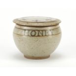 Studio pottery honey pot and cover, possibly by Norah Braden, 9cm high : For Further Condition
