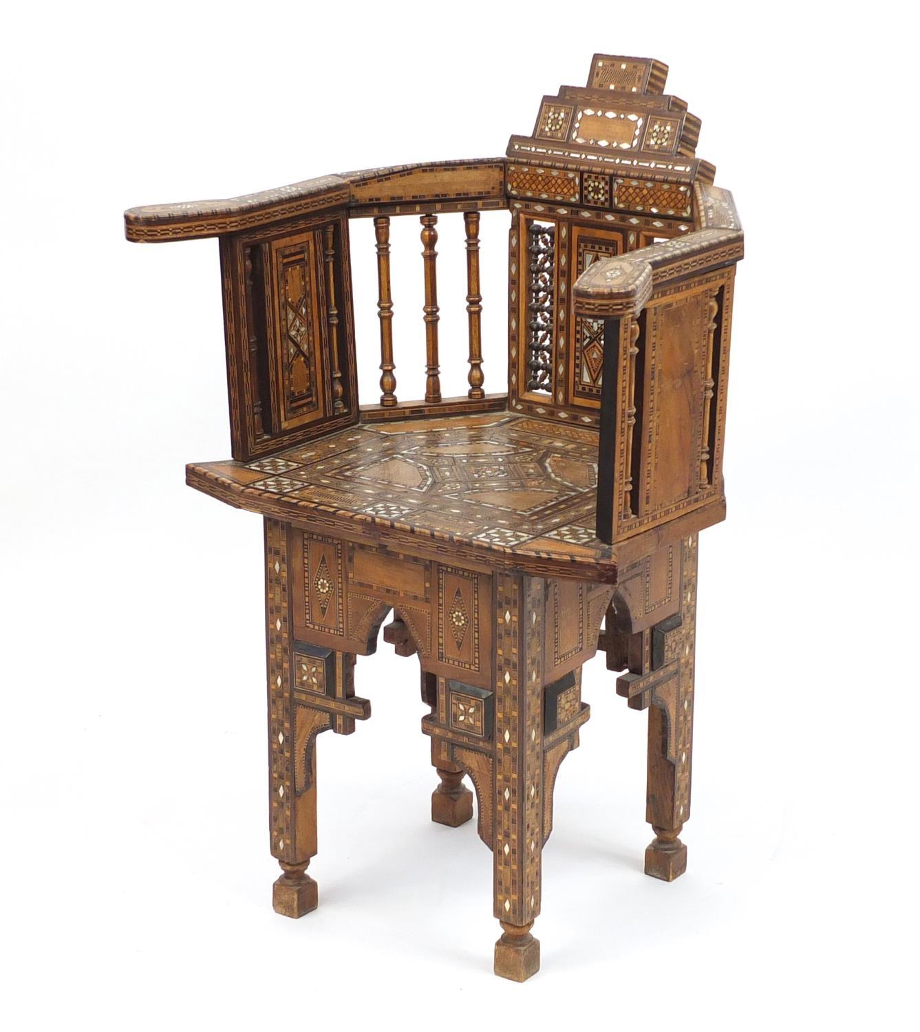 Moorish design elbow chair, with geometric parquetry inlay, probably Syrian, 88cm high : For Further