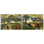 After Markey Robinson - Figures before buildings and mountains, Pair of Irish school oil on