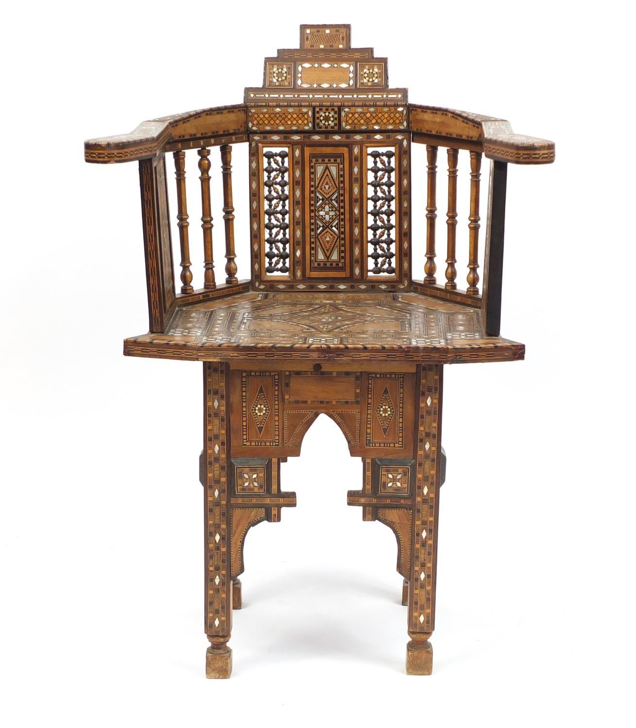 Moorish design elbow chair, with geometric parquetry inlay, probably Syrian, 88cm high : For Further - Image 2 of 4