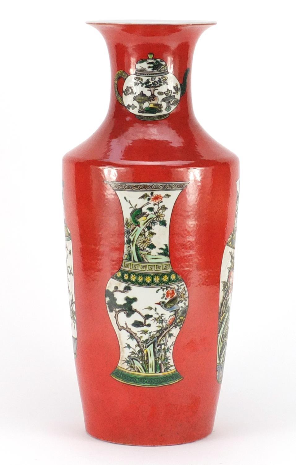 Chinese porcelain Rouleau vase, hand painted in the famille verte palette with vases, brush pot