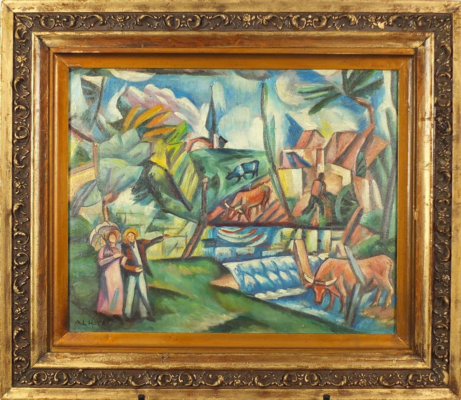 Surreal landscape with figures and animals, French impressionist oil on board, bearing a signature A - Image 2 of 4