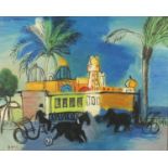 Continental buildings with figures in horse drawn carts, oil on board, bearing a signature R Dufy,