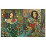 Swenson - Surreal females, pair of oil on canvases, inscribed verso, framed, each 60.5cm x 49cm :