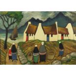 After Markey Robinson - Figures before cottages and water, Irish school oil on board, framed, 55cm x