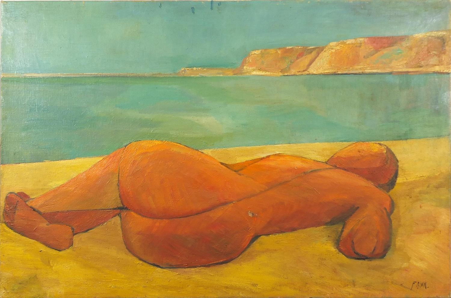 Manner of Elisabeth Frink - Nude female on a beach, oil on canvas, unframed, 91.5cm x 61.5cm : For