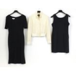 Two vintage Gino Cerutti black dresses and a Calvin Klein cashmere jacket, the dresses sizes 38