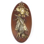 19th century silver plated hunting scene mounted on an oval oak plaque, 56cm x 28cm : For Further