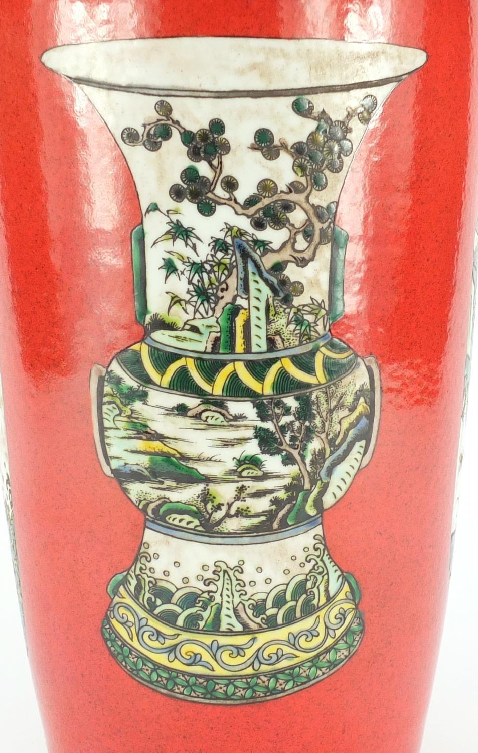 Chinese porcelain Rouleau vase, hand painted in the famille verte palette with vases, brush pot - Image 8 of 14