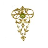 Art Nouveau unmarked gold peridot and seed pearl pendant brooch, 4.5cm in length, 4.2g : For Further