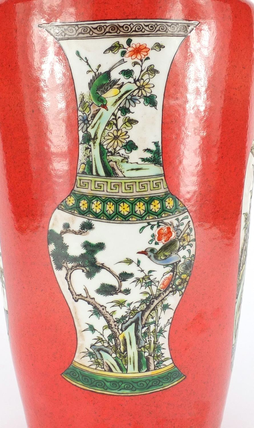 Chinese porcelain Rouleau vase, hand painted in the famille verte palette with vases, brush pot - Image 3 of 14