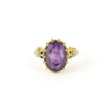 9ct gold amethyst solitaire ring with ornate shoulders, size U, 5.2g : For Further Condition Reports