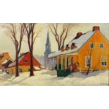 Manner of Alfred Joseph Casson - Snowy town scene, Canadian school oil on board, framed, 49cm x 29cm