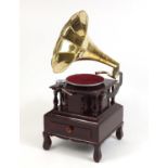 Retro wind up gramophone with brass horn and base drawer, 90cm high : For Further Condition