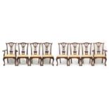 Set of eight Chippendale style mahogany chairs with drop in seats including two carvers, all