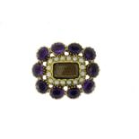 Georgian unmarked gold amethyst and seed pearl mourning brooch, 2.5cm in length, 5.6g : For