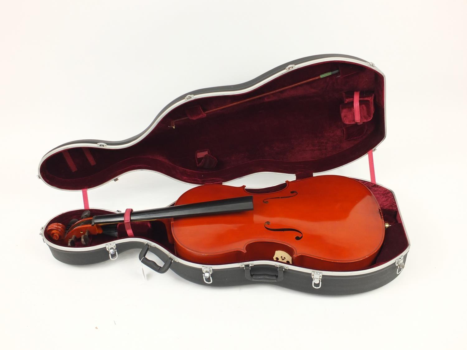Full size cello with bow and Stagg protective travelling case, the cello back 30.5inch in length : - Image 15 of 19