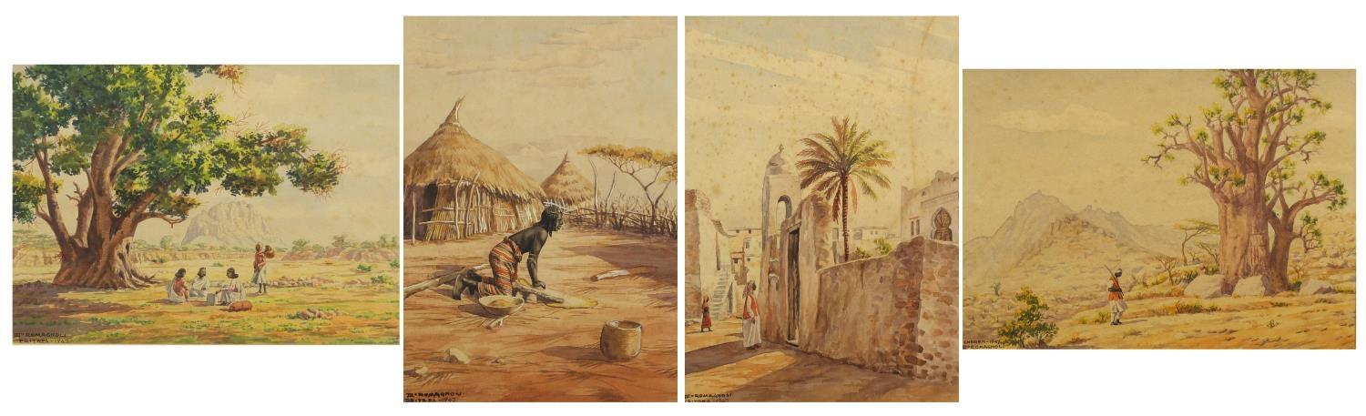 Giovanni Romagnoli 1947 - Eritrea, East Africa, four watercolours, mounted and framed, the largest