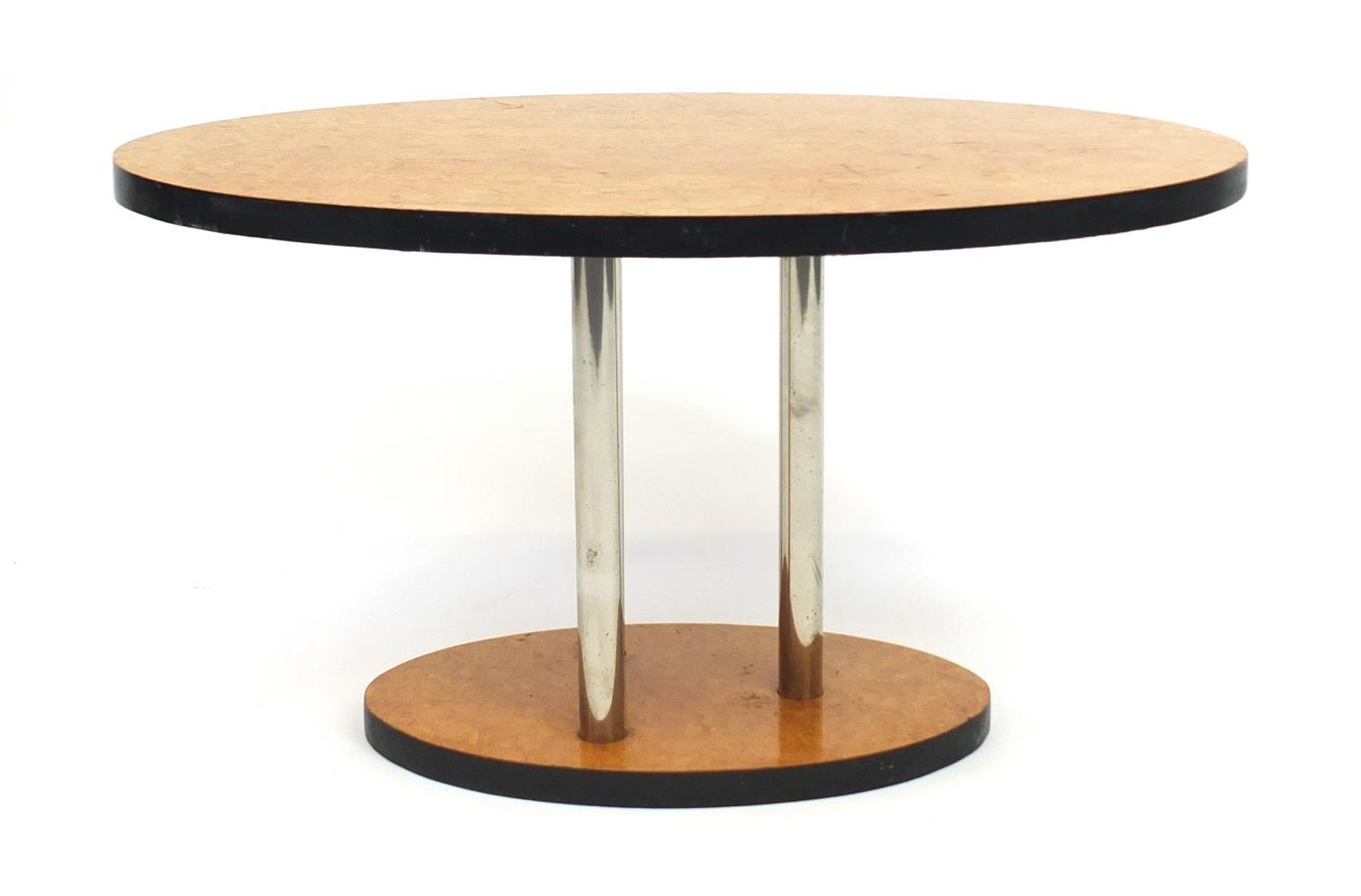 Art Deco maple coffee table with chrome supports, 43cm H x 78cm W : For Further Condition Reports