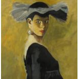 Portrait of an Art Deco female, oil on board, bearing a signature J Kramer, 39cm x 39cm : For