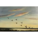 Wilfred Bailey - Ducks in flight over water, oil on canvas, framed, 76cm x 50cm : For Further