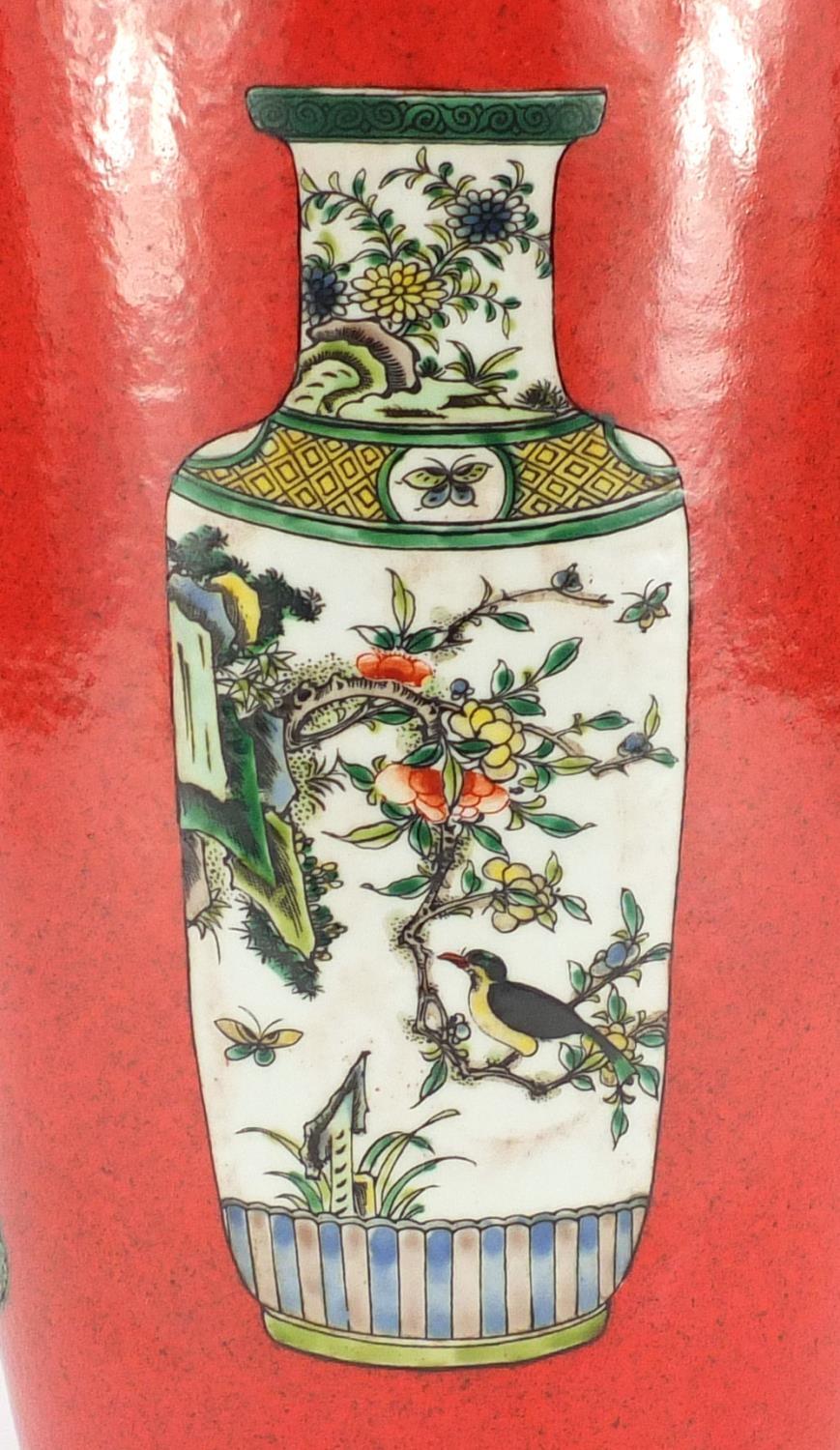 Chinese porcelain Rouleau vase, hand painted in the famille verte palette with vases, brush pot - Image 5 of 14