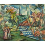 Surreal landscape with figures and animals, French impressionist oil on board, bearing a signature A