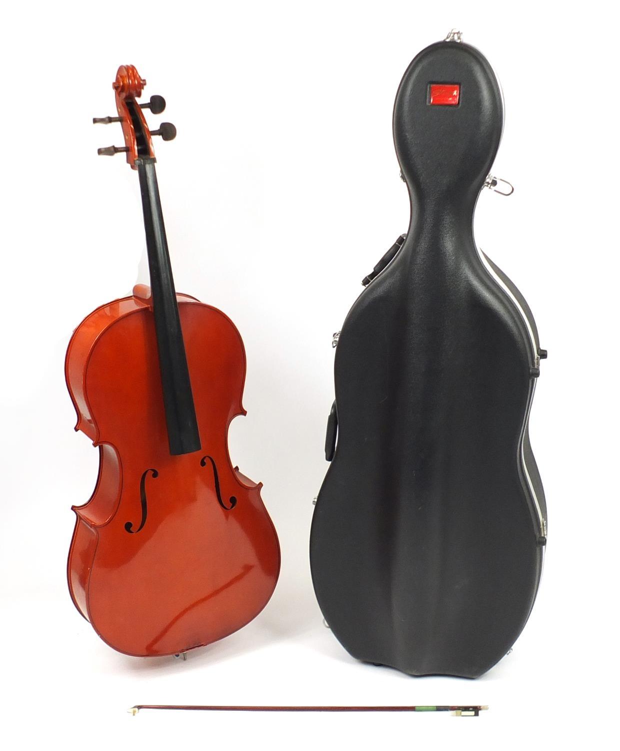 Full size cello with bow and Stagg protective travelling case, the cello back 30.5inch in length :